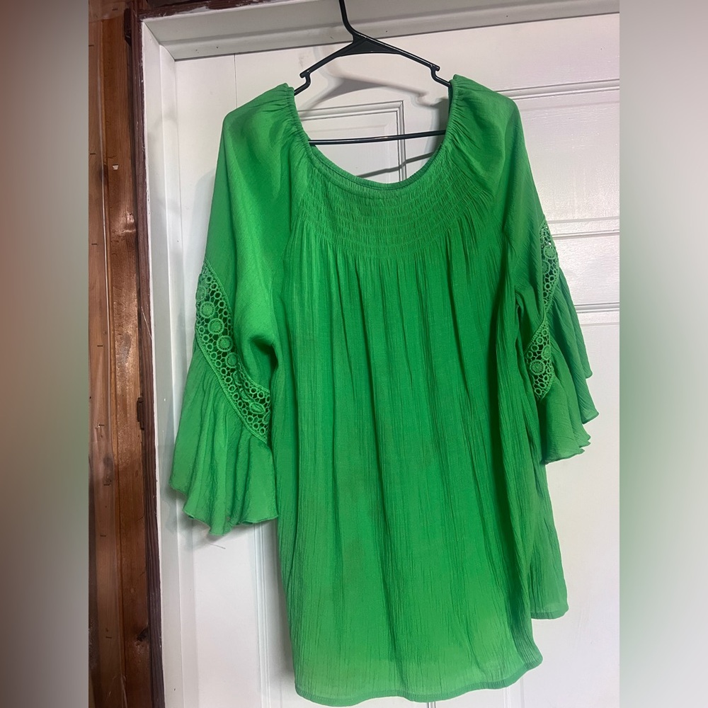 Vibrant Green Blouse with Lace  Trumpet Sleeves